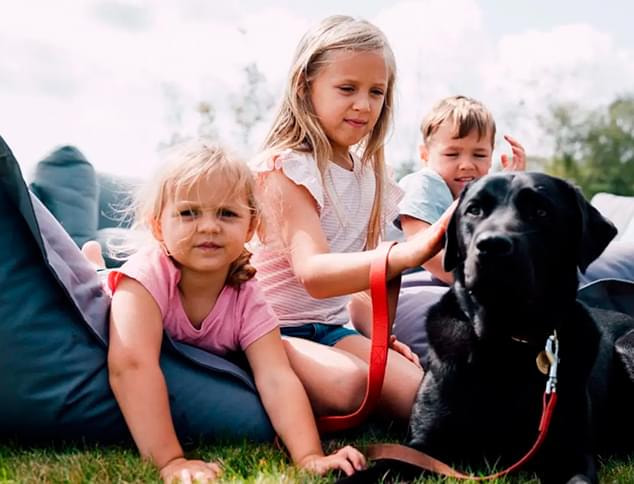 a group of children sitting on grass with dog