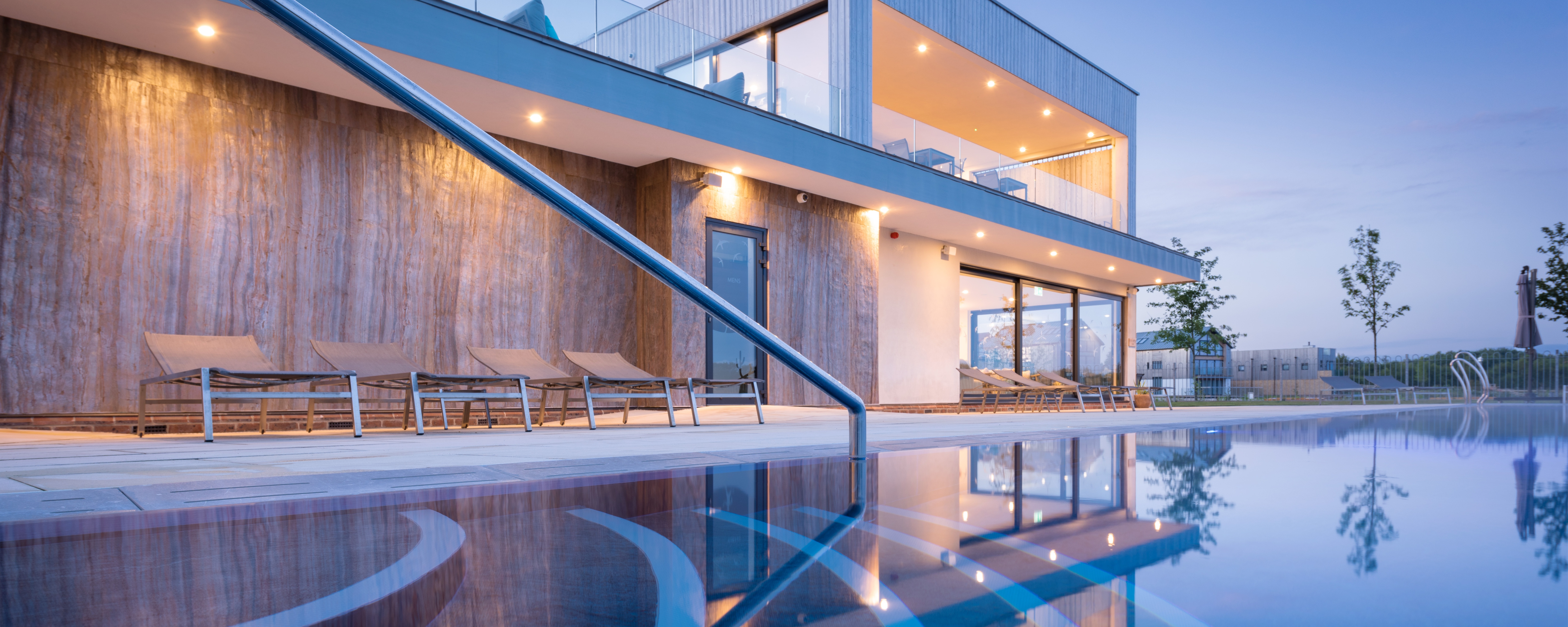 close up of Silverlake’s Hurricane Spa and outdoor swimming pool at night